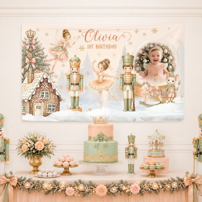 Photo Snow Globe Nutcracker 1st Birthday   Banner (Photo Snow Globe Nutcracker 1st Birthday Banner)