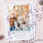 Photo Snow Very Merry Script Purple Snowflake Holiday Card<br><div class="desc">Vertical Photo custom Christmas Card with purple snowflakes on the front and back. The greeting reads "wishing you a snow very merry christmas and a happy new year" followed by your personalised wording. Minimal modern and elegant winter holiday design lettered in handwritten script and modern typography. Your photo is displayed...</div>