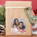 Photo Snowflake Merry Christmas Personalised Red Square Sticker<br><div class="desc">Merry Christmas script done in red accents your favourite photo for this cute festive sticker.  Use for mailing,  decorating or gift wrapping.  Customise with the current year.</div>