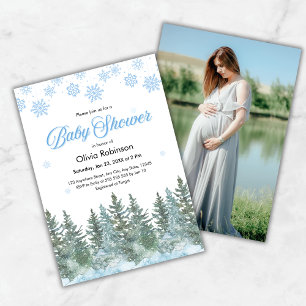 Photo Snowflakes Pine Trees Winter Baby Shower Invitation