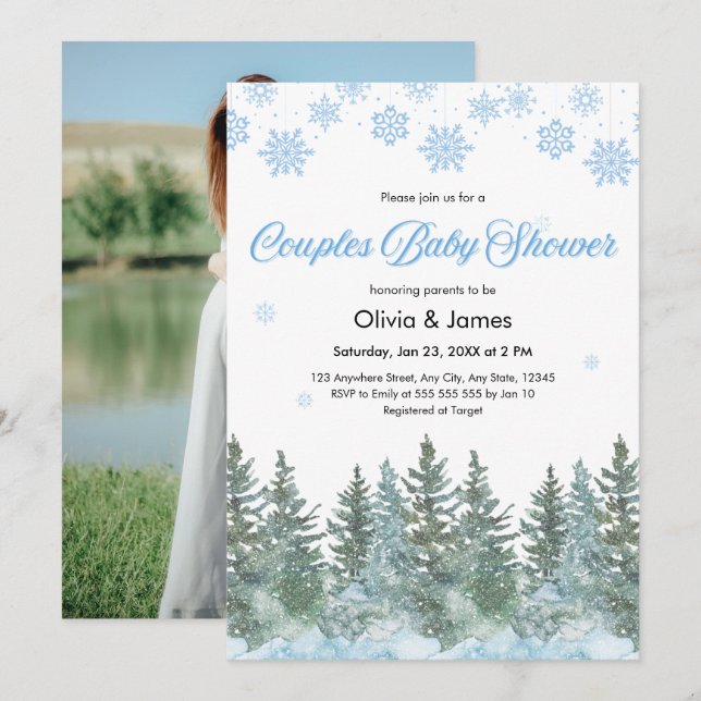 Photo Snowflakes Pine Winter Couples Baby Shower  Invitation (Front/Back)