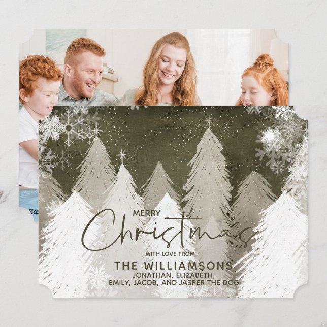 Photo Snowy Forest Snowflakes Neutral Christmas Holiday Card (Front/Back)