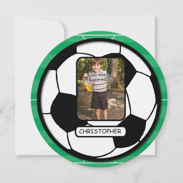 Photo Soccer Ball on Pitch Birthday Party Invitation (Front)