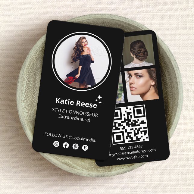 Photo Social Media Black  Business Card (Instagram social media networking 4 photo  business card with QR Code)