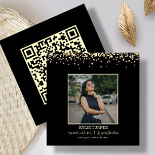 Photo Social Media Black Glitter QR Code Square Business Card