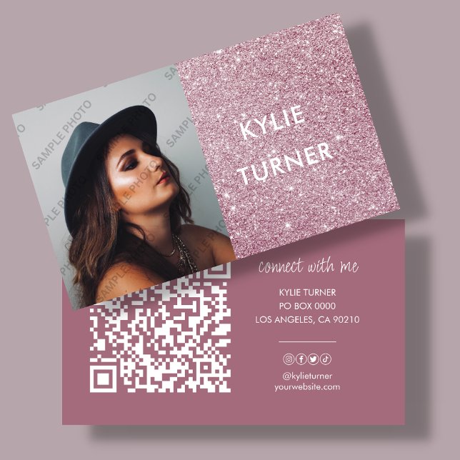 Photo | Social Media Pink Glitter | QR Code   Business Card (Creator Uploaded)