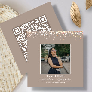 Photo Social Media Tan Glitter QR Code Square Business Card