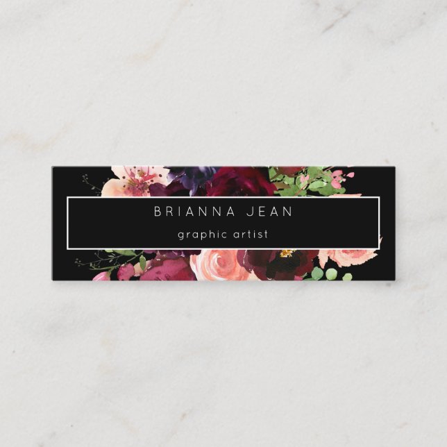 Photo Social Media- & Website Pink Floral &  Black Mini Business Card (Front)