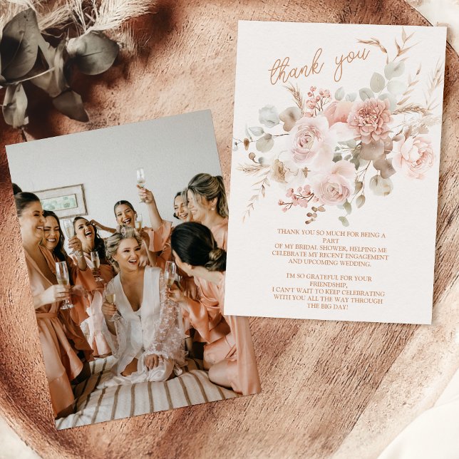 Photo Soft Pink Floral Pampas Grass Bridal Shower  Thank You Card (Creator Uploaded)