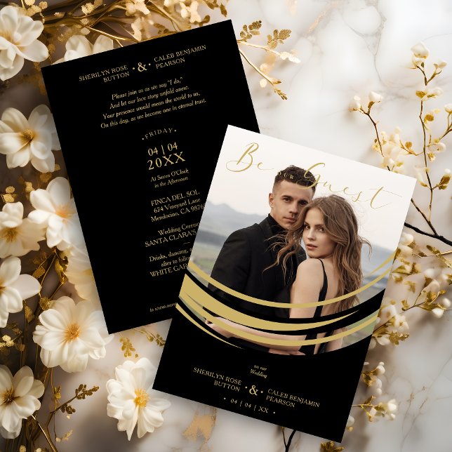 Photo Sophisticated Modern Golden Abstract Shape Invitation (Sophisticated Modern Faux Golden Abstract Geometric Shape Photo Wedding Invitation with Envelope.)