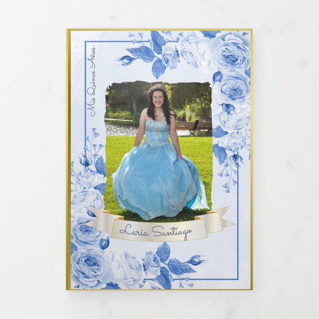 Photo Spanish Light Blue Gold Roses Quinceanera Tri-Fold Invitation (Cover)