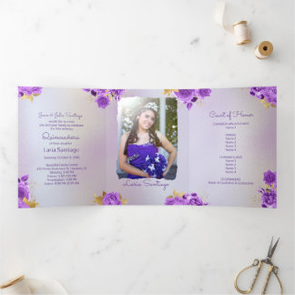 Photo Spanish Pearl and Purple Roses Quinceanera  Tri-Fold Invitation