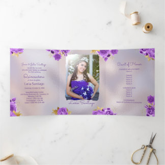 Photo Spanish Pearl and Purple Roses Quinceanera  Tri-Fold Invitation