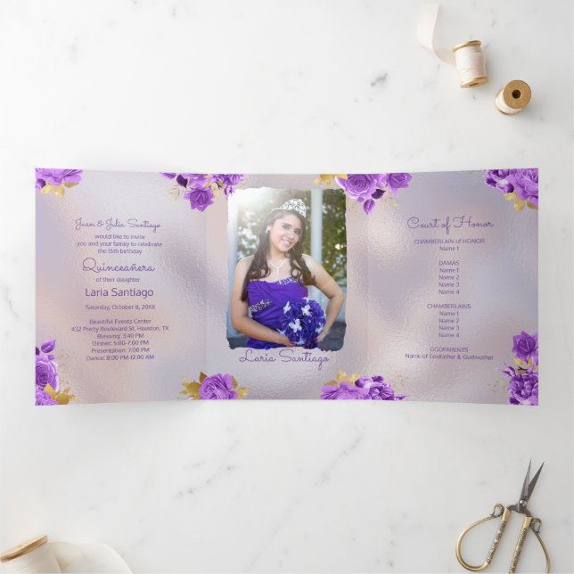Photo Spanish Pearl and Purple Roses Quinceanera  Tri-Fold Invitation (Inside)