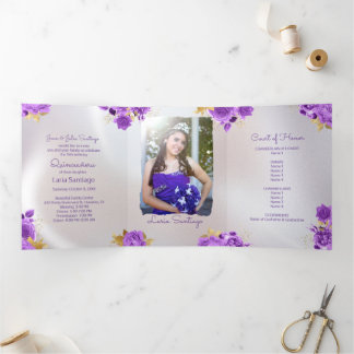 Photo Spanish Pearl and Purple Roses Quinceanera  Tri-Fold Invitation