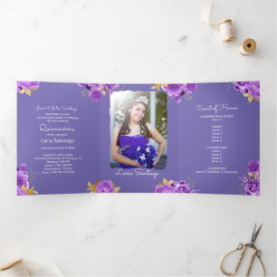 Photo Spanish Pink and Purple Roses Quinceanera  Tri-Fold Invitation