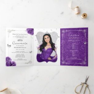 Photo Spanish Purple and Silver Quinceanera Tri-Fold Invitation