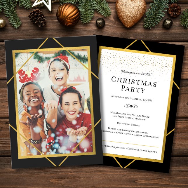 Photo Sparkle Christmas Party  Invitation (Christmas Party Invitation with sparkle elements and custom photo in gold, black and white)