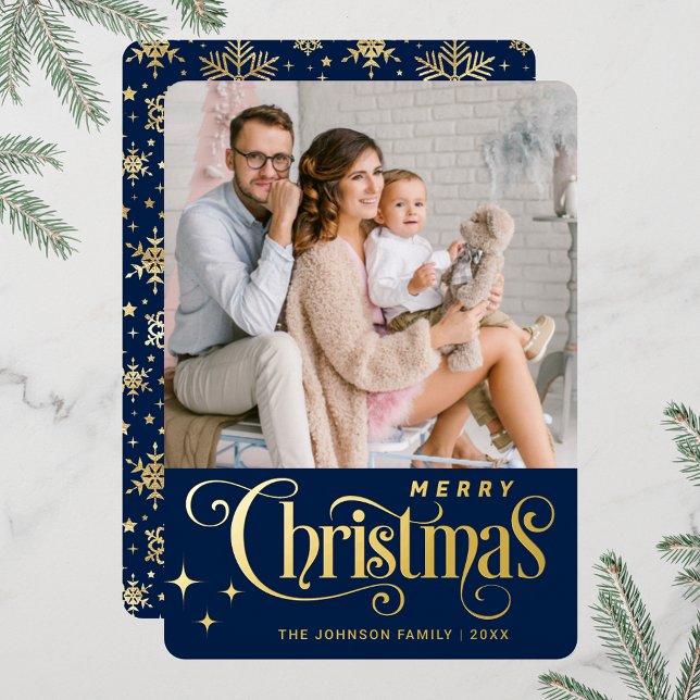 PHOTO Sparkle Merry Christmas Greeting Gold (Real foil print Christmas holiday greeting card.)