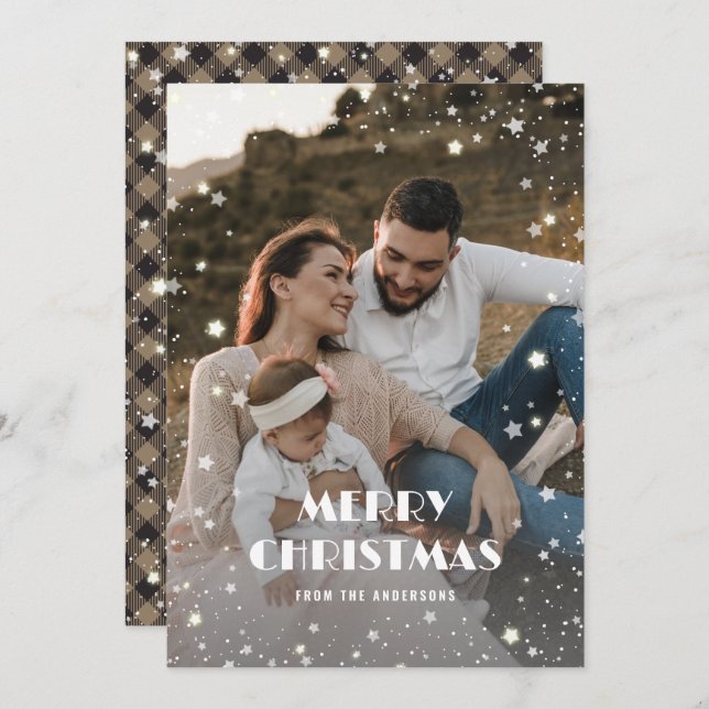 Photo Starry Snow Plaid Merry Christmas Holiday Card (Front/Back)