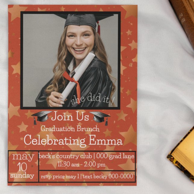 Photo Stars | Red | Gold | Black Graduation Party  Invitation (Red, gold and black on a graduation party invitation with customizable text and photo addition. )