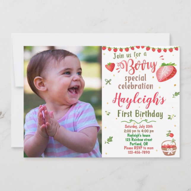 Photo Strawberry birthday invitation Berry sweet (Front)