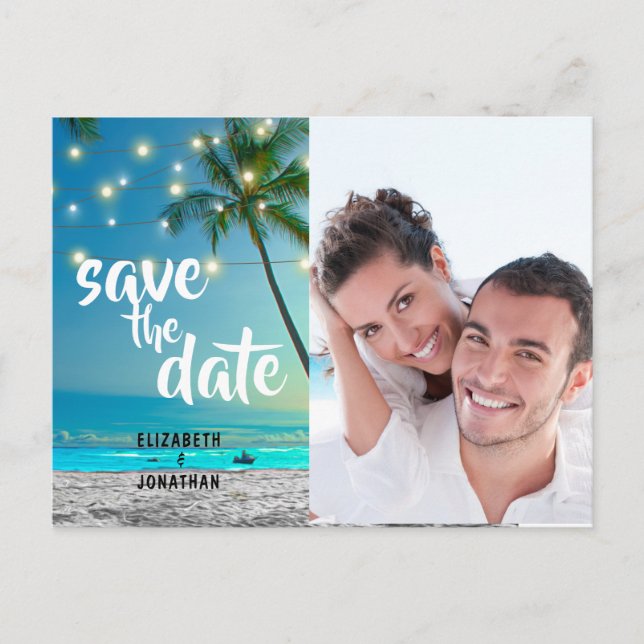 Photo String Lights Tropical Beach Save The Date Z Announcement Postcard (Front)