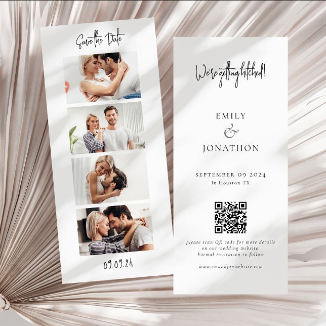 Photo Strip 4 Pictures QR Code Photobooth Wedding Save The Date (Front and back view)