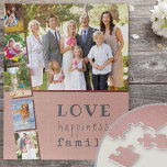 Photo Strip Collage Love Happiness Family Pink<br><div class="desc">Custom Photo Puzzle with 6 of your own photos. The photo collage features 1 landscape picture plus 5 portrait photos, set out photo strip style. The design has lovely wording, especially as a gift for family, which reads .. love happiness family .. in trendy typewriter style and quirky typography. The...</div>