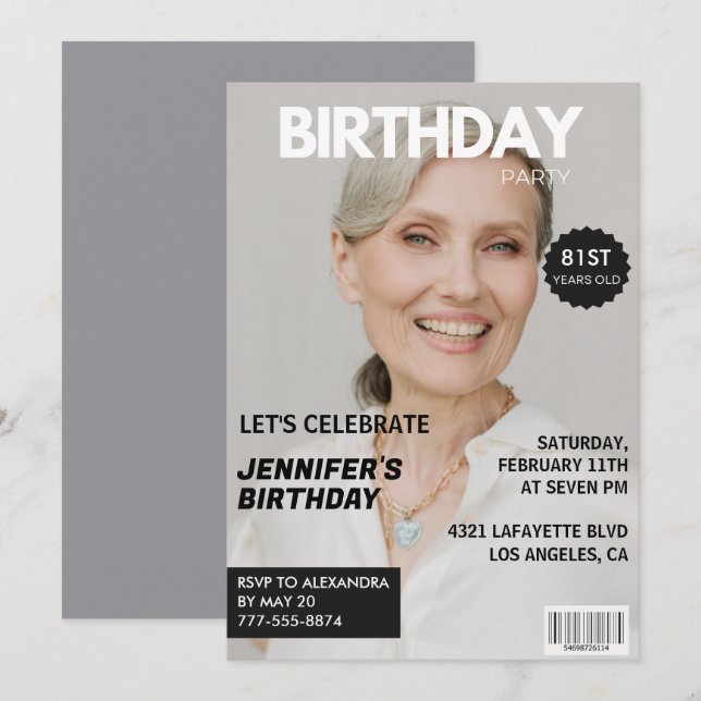 Photo Stylish Magazine Cover for her 81st birthday Invitation (Front/Back)