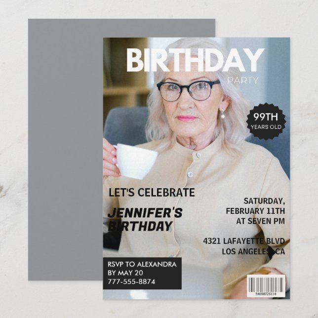 Photo Stylish Magazine Cover for her 99th birthday Invitation (Front/Back)