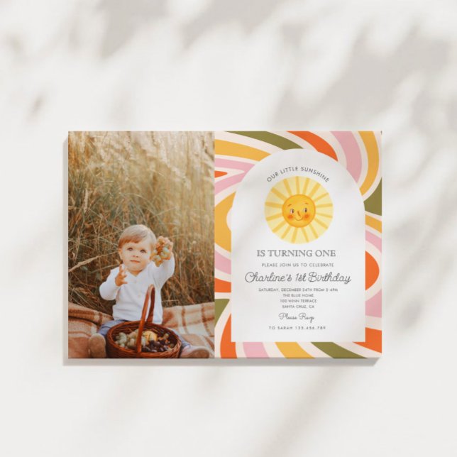 Photo Sun Rainbow Retro Boho Wavy 1st Birthday Invitation (Creator Uploaded)