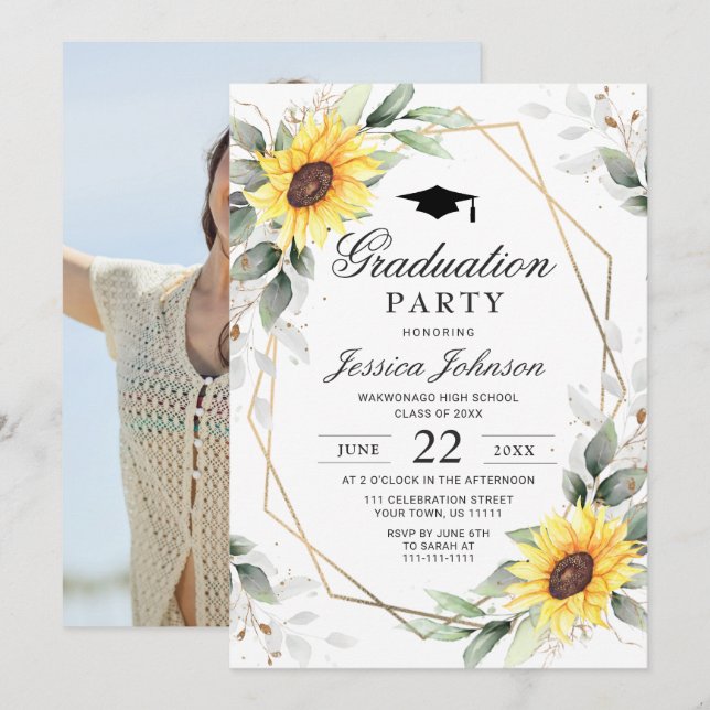 PHOTO Sunflower Eucalyptus Graduation Party Invitation (Front/Back)