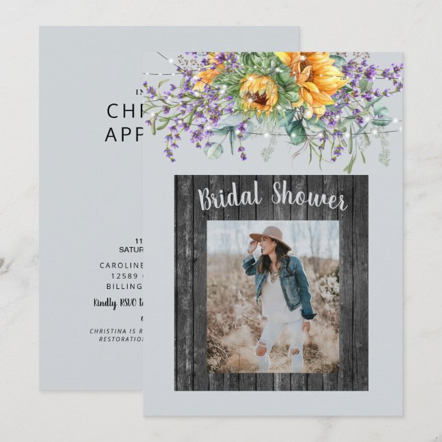 Photo Sunflower Lavender Rustic Bridal Shower   Invitation (Front/Back)