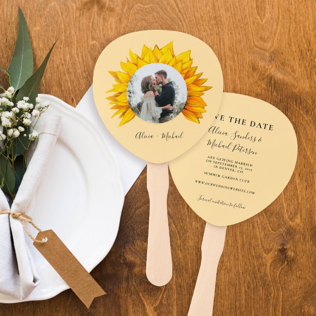 Photo sunflower rustic wedding save the date hand fan (Creator Uploaded)