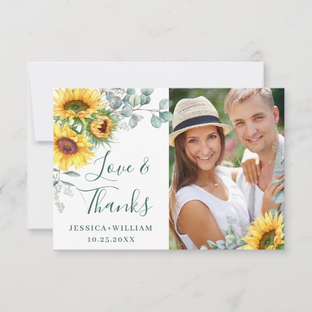 PHOTO Sunflowers Eucalyptus Rustic Wedding Thank You Card (Front)