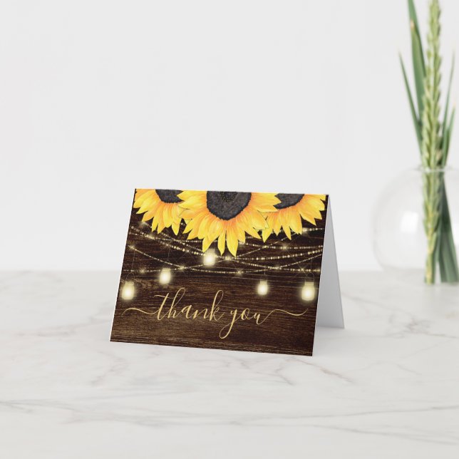 Photo Sunflowers String Lights Thank You Card (Front)
