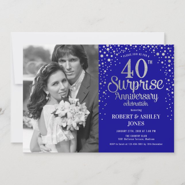 Photo Surprise 40th Anniversary - Blue Silver Invitation (Front)