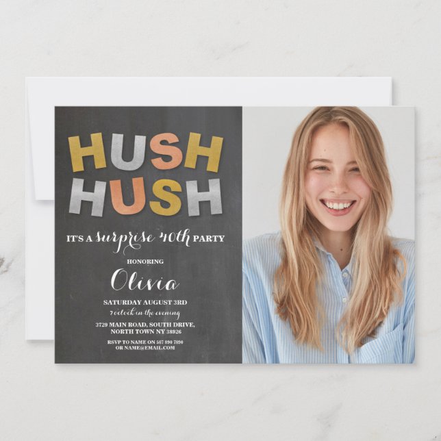 Photo Surprise Birthday Party Hush Hush Metallic Invitation (Front)