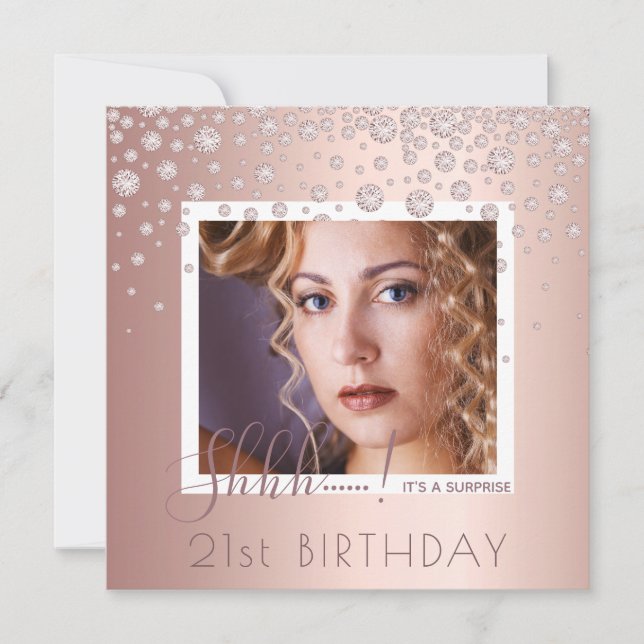 Photo Surprise Birthday rose gold pink diamonds Invitation (Front)