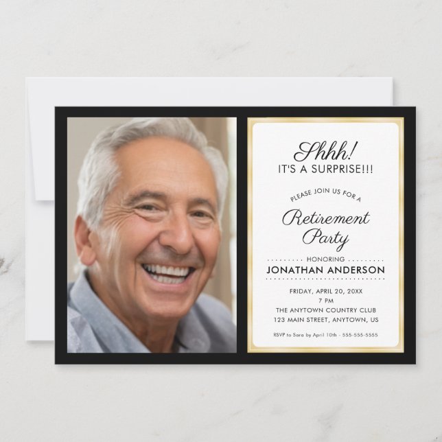 Photo Surprise Retirement Party | Black and Gold Invitation (Front)