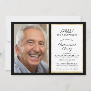 Photo Surprise Retirement Party   Black and Gold Invitation