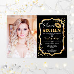 Photo Sweet 16 Birthday - Gold Black Kiss  Invitation<br><div class="desc">Photo Sweet 16 Birthday. Sweet sixteen birthday party invitation with your photo. Features script font,  lips kiss and confetti. Classy black design with faux glitter gold. Perfect for an elegant glam sweet 16th bday celebration.</div>