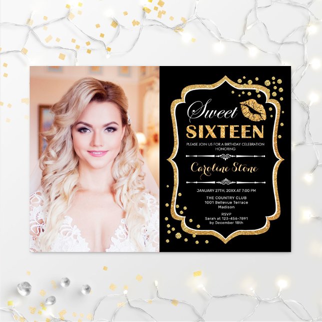 Photo Sweet 16 Birthday - Gold Black Kiss  Invitation (Creator Uploaded)