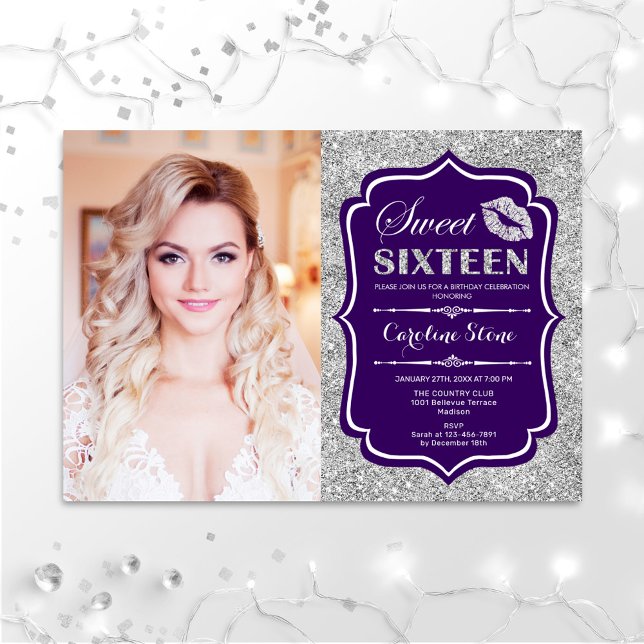 Photo Sweet 16 Birthday - Kiss Purple Silver Invitation (Creator Uploaded)