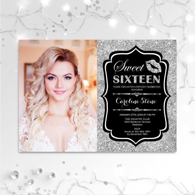 Photo Sweet 16 Birthday - Kiss Silver Black Invitation (Creator Uploaded)
