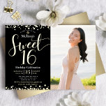 Photo Sweet 16 Birthday Modern Black Real Gold<br><div class="desc">“Happy Sweet 16”. Send out this stunning, sparkly, girly, festive, modern, personalised, custom photo real gold foil party invitation for an event to remember. Gold script typography and confetti overlay a black background on the left half of the card. A custom photo of the birthday girl is on the right....</div>