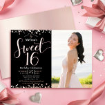 Photo Sweet 16 Birthday Modern Real Rose Gold<br><div class="desc">“Happy Sweet 16”. Send out this stunning, sparkly, girly, festive, modern, personalised, custom photo real gold foil party invitation for an event to remember. Rose gold script typography and confetti overlay a black background on the left half of the card. A custom photo of the birthday girl is on the...</div>
