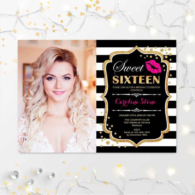 Photo Sweet 16 Birthday - Pink Kiss Gold Black Invitation (Creator Uploaded)