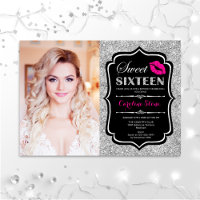 Photo Sweet 16 Birthday Pink Kiss Silver Black Inv